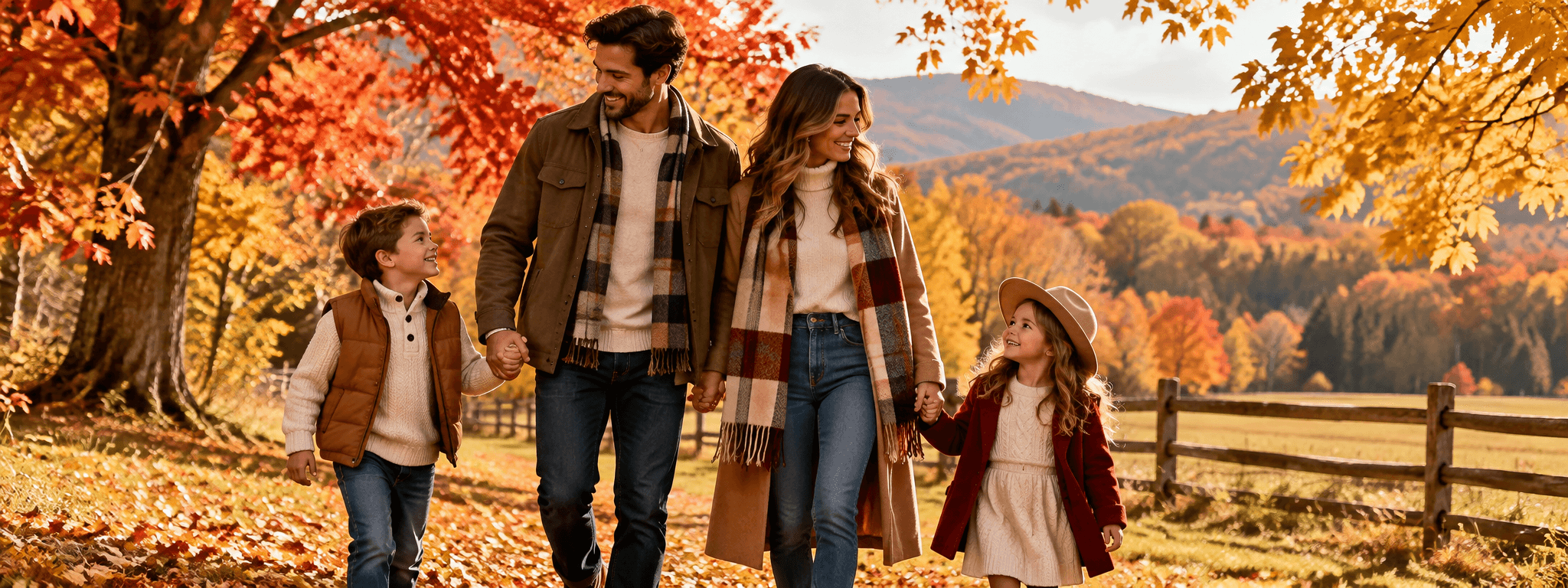 Familia caminando junta en un paisaje de otoño, esencia de JGRACE Collection