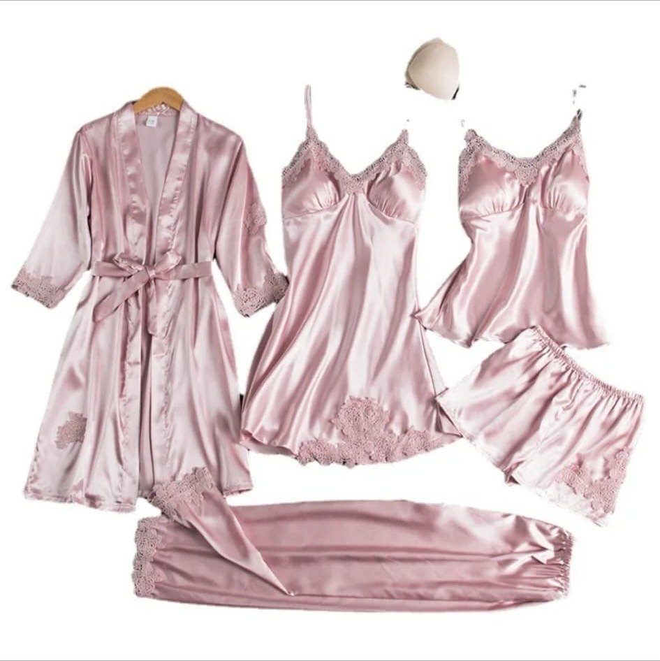 Set de Pijama Satín Rosa Palo 5 Piezas