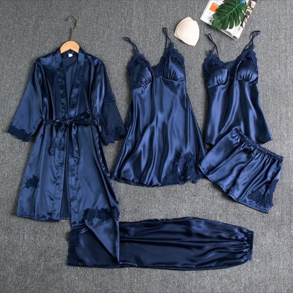 Set de Pijama Satín Azul Marino 5 Piezas